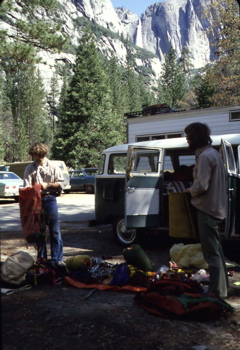 Rick and SP packing for South Face of Watkins, April 1980
